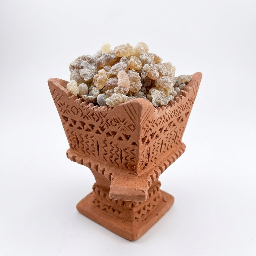 Orange Hojari resin in terracotta burner