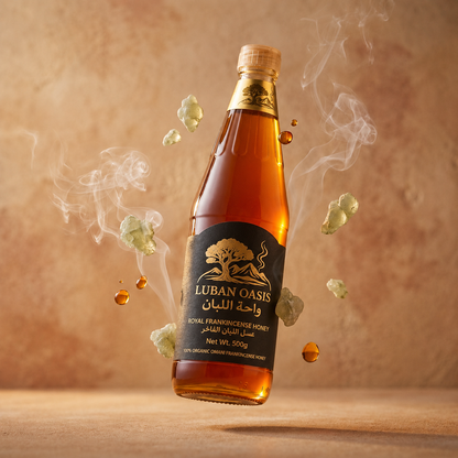 Bottle of Luban Oasis frankincense honey with smoke and honeycomb elements on a warm background